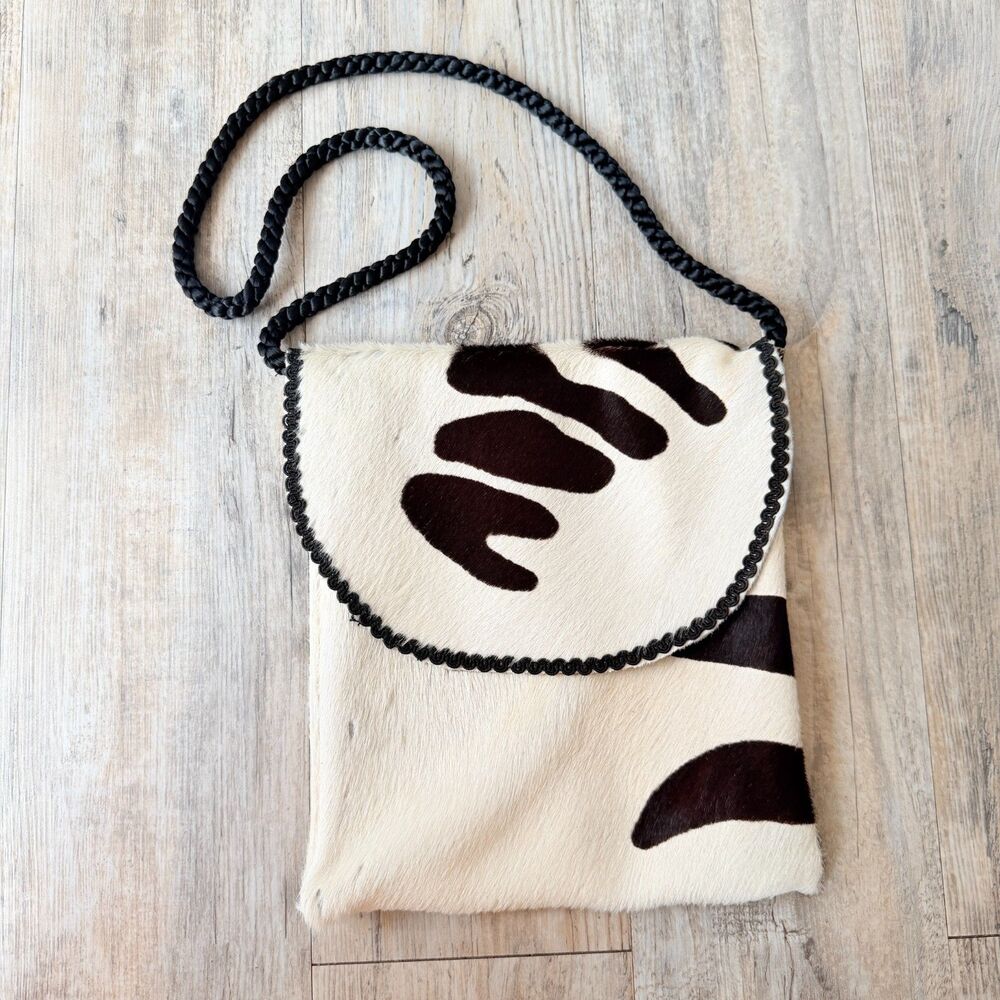 Vintage Genuine Cowhide Zebra Print Crossbody Bag Black White Pony Hair Purse
